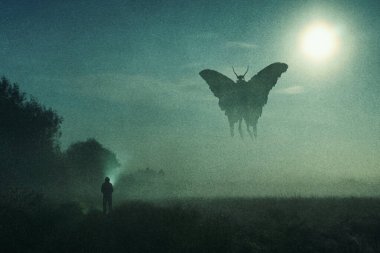 A horror concept. Of a man looking at a mysterious monster mothman figure, flying in the sky. Silhouetted against the moon at night. With a grunge, textured edit.  clipart