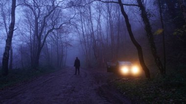 Gizemli bir drama konsepti. Park halindeki bir arabanın yanındaki ürkütücü yoldan aşağı bakan bir adam. Sisli bir kış gecesinde ormanda.