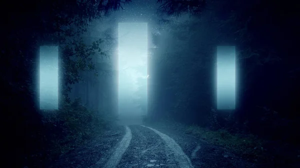 Concept Fantastique Portails Lumineux Dans Une Forêt Par Une Nuit — Photo