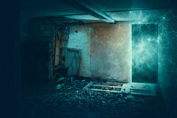 A science fiction concept. Of a door turned into a glowing energy portal n a decaying room in an abandoned ruined house. With broken doors and windows.