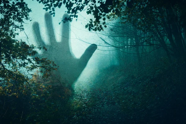 Horror Concept Ghostly Figure Hand Air Dark Spooky Forest Grunge — Stock Photo, Image