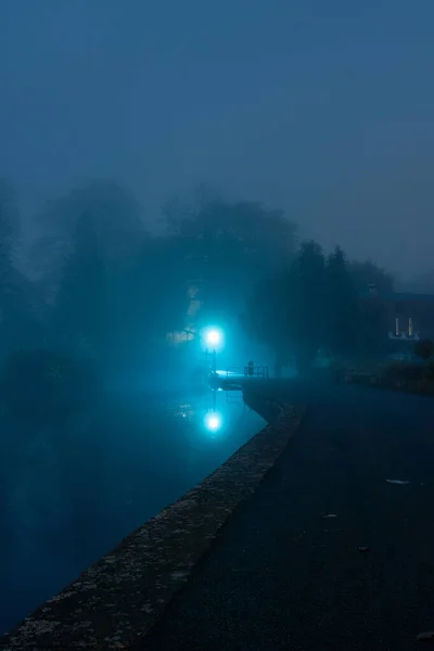 Spooky Park Lake Trees Silhouetted Lights Path Night Moody Edit — Stock Photo, Image