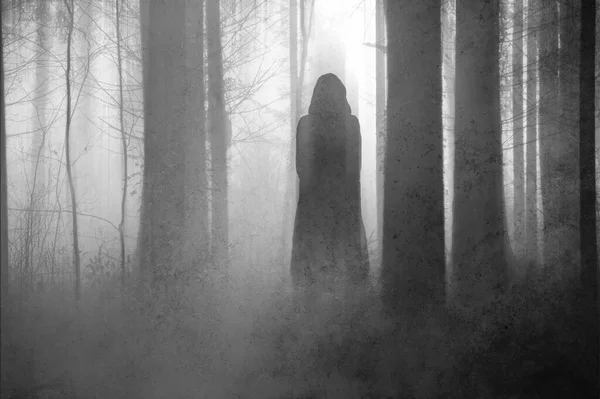 Dark Fantasy Concept Mysterious Woman Back Camera Spooky Forest Blurred — Stock Photo, Image