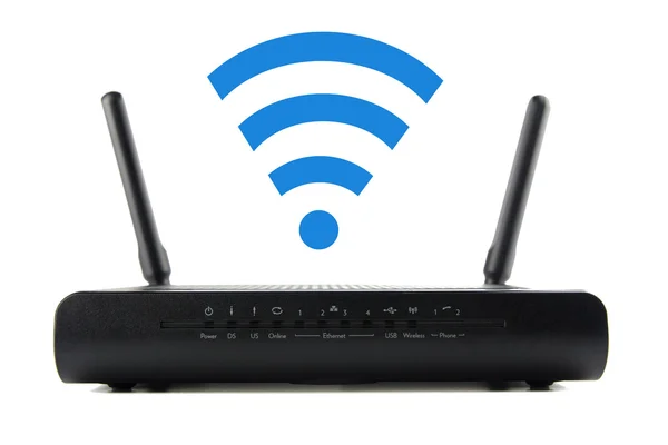 Schwarzer drahtloser Router isoliert auf weißem Hintergrund — Stockfoto