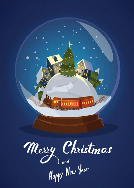 Christmas Greeting Card With Houses and Train in glass snowball Royalty Free Stock Illustrations