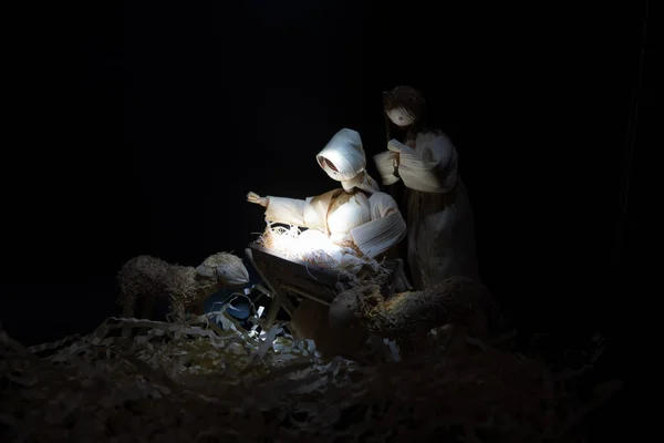 Natal Presépio Com Três Sábios Apresentando Presentes Para Bebê Jesus — Fotografia de Stock