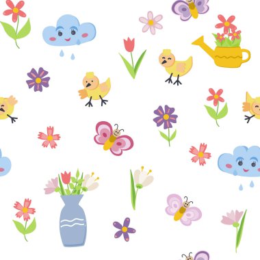 Eski tarz çiçekler, kelebekler, kuşlar ve kalpler. Parlak, güzel bahar renkleri. Tatlı bahar bahçesi ve kızlar için doğa öğeleri, tebrik kartları için beyaza izole edilmiş, Paskalya,