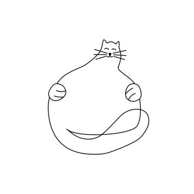 Komik, şişman, tembel bir kedinin siyah beyaz çizimi..