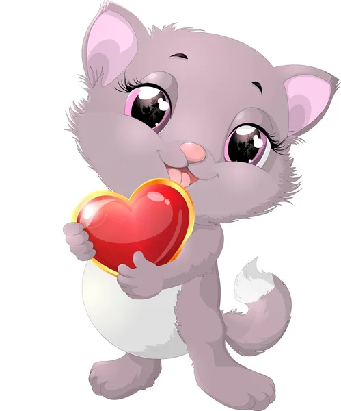 Hermoso gatito gris con corazón — Vector de stock