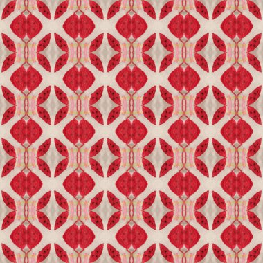 Shibori deseni. Tekstil işindeyim. Boya izi. Kırmızı pürüzsüz şablon. Fas fayansı. Geleneksel geometrik süs. Japon Shibori deseni. Suluboya batik boya, ipek kumaş. Etnik halı motifi