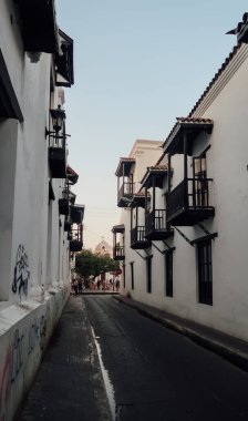 SANTA MARTA, COLOMBIA - CIRCA MARCH 2020: Kolombiya 'nın kuzeyinde eski İspanyol mimarisi ile şehir merkezinde beyaz cepheli koloni binaları.