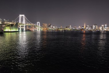 Tokyo-yaklaşık Nisan 2013: Tokyo 'da renkli gün batımı üzerinde Odaiba adasında Tokyo ve Gökkuşağı Köprüsü görünümü, Japonya Nisan 2013 yaklaşık.