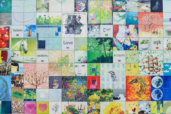 Mosaic wall with pictures and words "I love you" in different languages in Seoul, South Korea