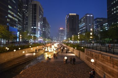 Gece Cheonggyecheon-ro kanal yürüyen insanlar