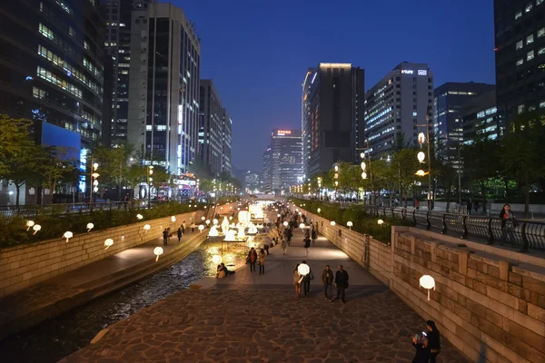 Människor gå längs kanalen Cheonggyecheon-ro nattetid — Stockfoto