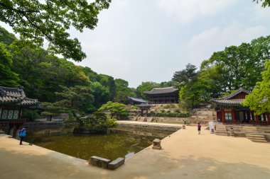 Pond surrounded by ancient buildings on the territory of Changdeokgung Palace, Seoul, Korea clipart