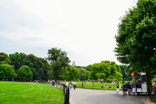 NEW YORK - People walk along the alleys and on the lawns at a warm summer day in Central Park, New York City, USA — Stockfoto