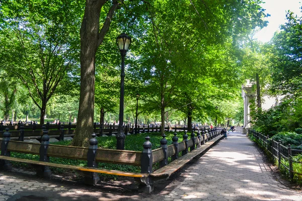 New York, ABD - Haziran 2011 yaklaşık: sokakta Central Park, New York City, Amerika Birleşik Devletleri boyunca ahşap banklar — Stok fotoğraf