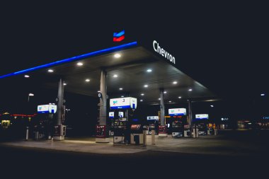 SAN FRANCISCO, CA - CIRCA 2011: Chevron gas station near San Francisco at night time, CA, USA circa summer 2011.