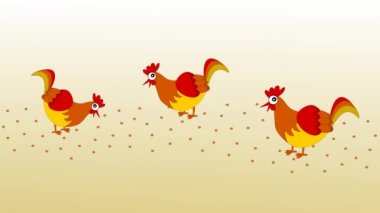 Tavuklar, sarı arkaplanlı bir çiftlikte tohumları gagalarlar.