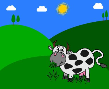 Bir süt ineği çayırda çimen yiyor ve güzel bir güneş ışığı var.