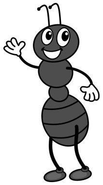 Gülümseyen ve sevimli siyah bir karınca elini yukarı kaldırıyor.