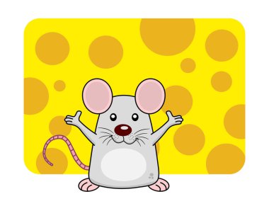 Kolu havada ve arkasında büyük bir peynir olan bir fare.