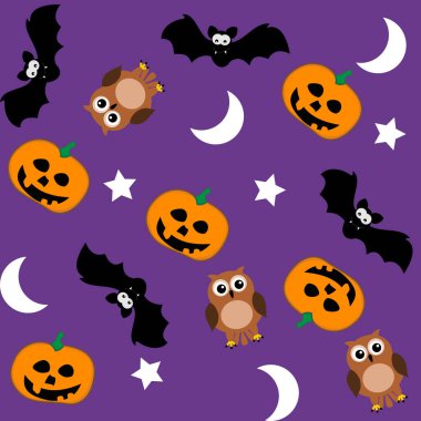 Cadılar Bayramı hediye paketi, mor arka planda yarasa baykuşları ve balkabağı da var.