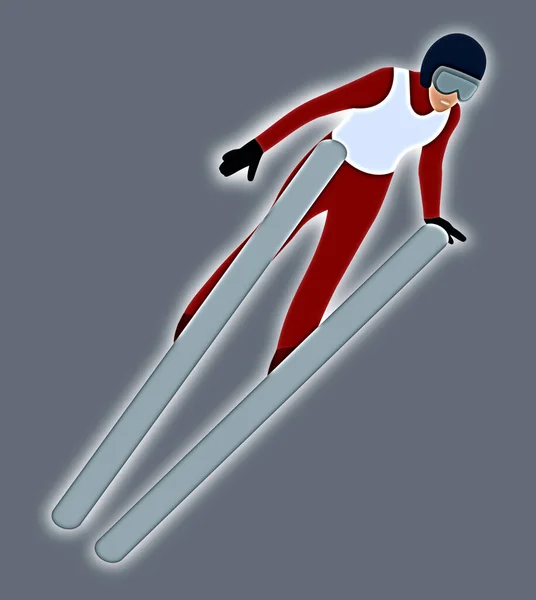 非常に大きなスキージャンプからジャンプするプロのスキーヤー彼女は赤いジャンプスーツに身を包んだ イラスト — ストック写真
