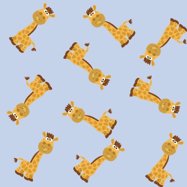 Sarı dişli, kahverengi saçlı, küçük ve genç zürafa tasarımı. Mavi arka planda hediye paketleme kağıdı için çok esprili.