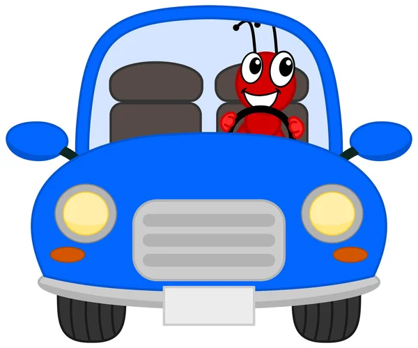 A joyous ant in a blue car — Stock Vector