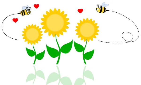 Sonnenblumen mit Reflexion und 2 Bienen — Stockvektor