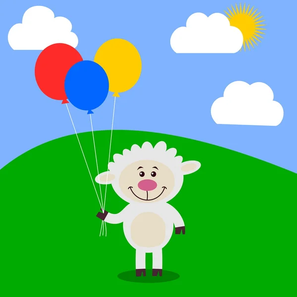 Sheep in a meadow holding balloons — Stock Vector