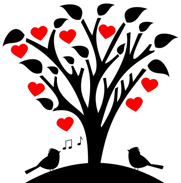 Inima de copac cu flori cu pasăre cântătoare — Vector de stoc