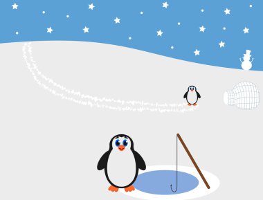 Penguins at the north pole fishing clipart
