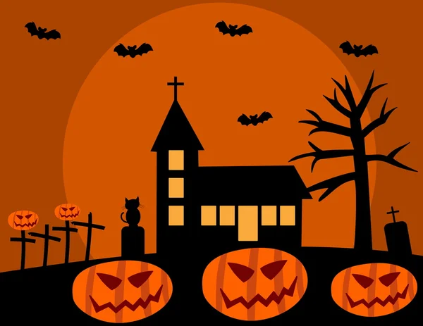 Halloween con iglesia y calabaza — Vector de stock