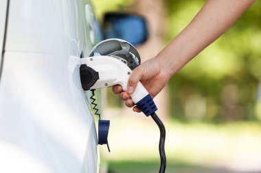 Doğadaki şarj istasyonunda elektrikli araba aküsü şarj ediliyor.
