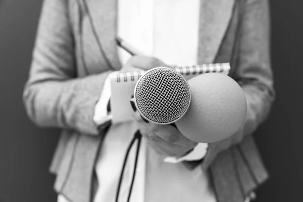 Journalist at press or news conference, writing notes, holding microphone. Media event.