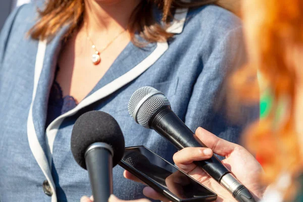 Journalist News Conference Holding Microphone Smartphone Making Media Interview Female Royalty Free Stock Images
