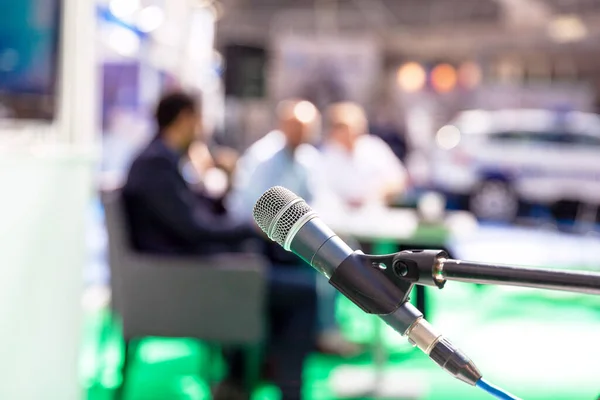 Microphone Focus Blurred People Roundtable Meeting Background Stock Image