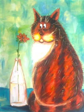 Tuvaldeki kedi yağlı boya tablo. Çiçekli komik kırmızı kedi.