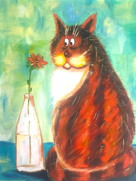 Мила котяча олія на полотні. намальований смішний червоний кіт з квіткою . — стокове фото