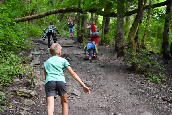 Person walks in a green forest in nature in summer. hiking in the fresh air for health. — Stock Photo, Image