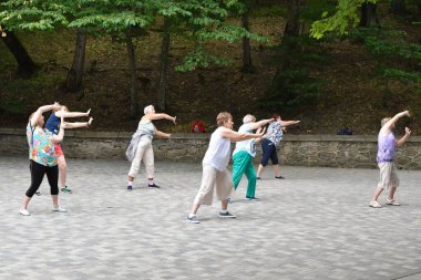 Açık hava parkında fiziksel egzersiz yapan bir grup kadın. Halka açık bir yerde meditasyon.