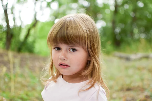 Портрет маленькой грустной девушки на свежем воздухе. расстроенная девочка загрызла трехлетнего ребенка — стоковое фото