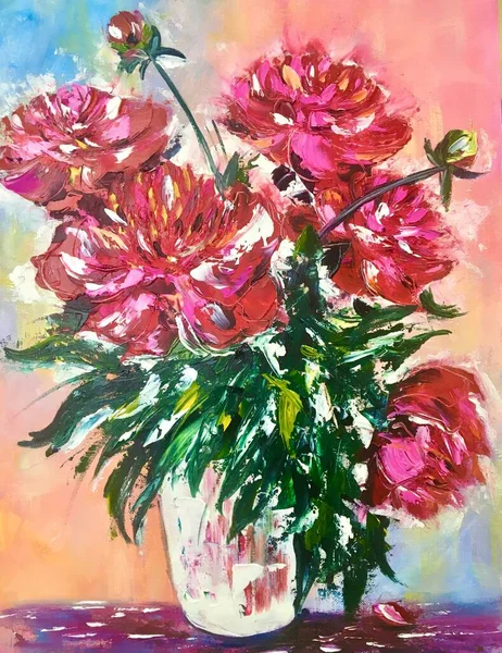 花牡丹油画，粉红的花在花瓶里 — 图库照片