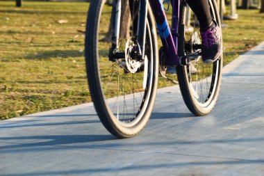 Bisikletçi şehirde doğaya biner. Sağlık için bisiklet.