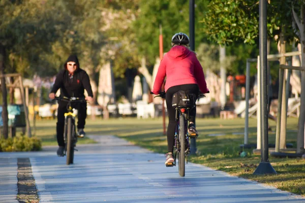 Bisikletçi şehirde doğaya biner. Sağlık için bisiklet.