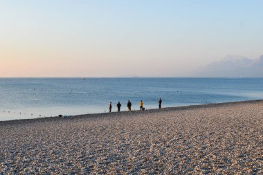 Sabah denizde bir grup balıkçı. Erkekler deniz kıyısında oltayla balık tutarlar..
