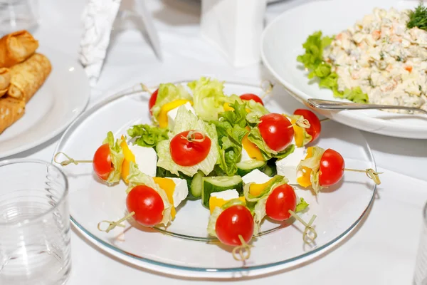 Canapes Tomatoes Cucumbers Cheese Greens Banquet Table — Stock Photo, Image